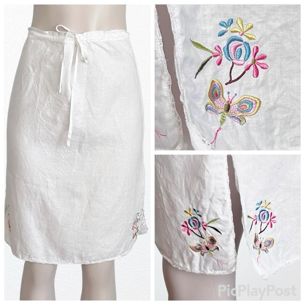 Sak’s 100% Linen Boho Festival Fairycore Retro Mini Skirt Embroidered Butterfly